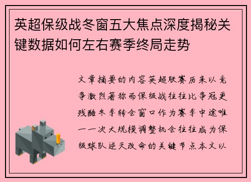 英超保级战冬窗五大焦点深度揭秘关键数据如何左右赛季终局走势